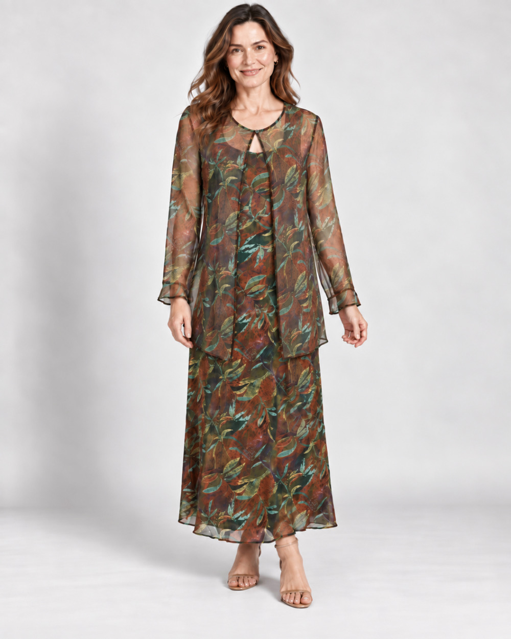 Robbie Bee Size 10 100% Silk 2 Piece Maxi Dress Sheer Jacket Botanical Print